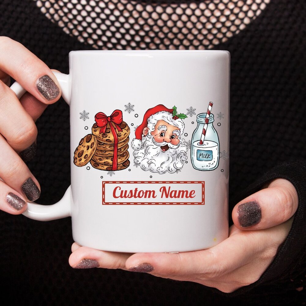 🎅 Personalized Christmas Mug - Retro Santa Claus, Milk & Cookies, Custom Name